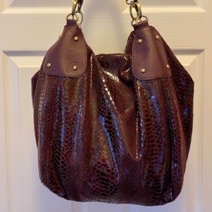 Dark Purple Faux Snakeskin Print Patent like Handbag